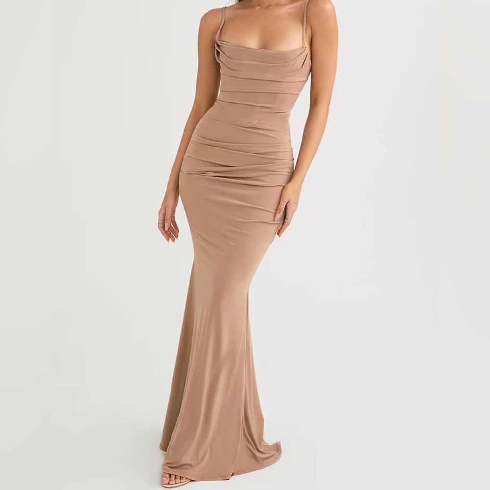 Plunge Neckline Cami Corset Ruched Long Valentina Dress